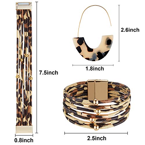 Hicarer Leopard Bracelets and Earrings Cheetah Jewelry Tortoise Shell Earrings Multilayer Leather Wrap Bracelets Large Wrists Boho Accessories(Beige)2