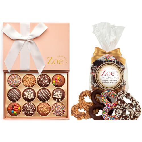 CRAVINGS BY ZOE Chocolate Covered Cookies Pink 12PC + Chocolate Covered Pretzels 8oz. Gift Basket