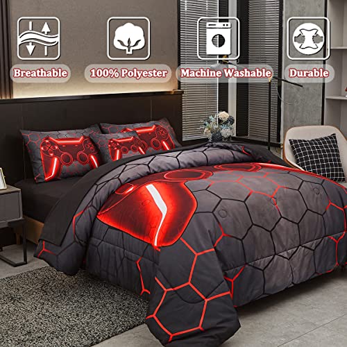 Image of Game Console Red Comforter Set with Sheets, 6 Pcs Bed in A Bag Geometric Lightweight Full Size Boys Bedding Set for Girls Kids