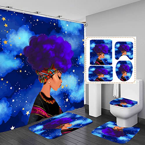 Classic African American Shower Curtains For Bathroom, Bathroom Sets With Shower Curtain And Rugs, Toilet Lid Cover Bath Mat, 4Pcs Dreamy Black Girl Shower Curtain Set Bathroom Decor (Blue) #TOP10
