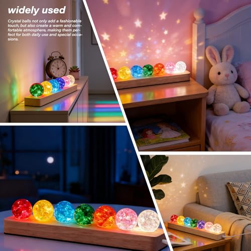 7 Stück 3D Kristallkugel Nachtlicht, Glaskristallkugeln mit LED Holzsockel, Planeten Lampe mit Holzsockel, Glaskugel Lampe, LED Ball Lampe für Zuhause, Zimmer und Büro, Geschenk für Freunde, Lehrer