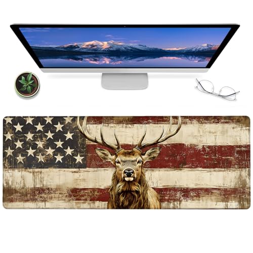 ainori Rustic Deer and American Flag Gaming Mouse Pad,12x31.5in Non-Slip Rubber Desk Mat with Patriotic Woodland Design,Large Extended Mousepad for Office Home,Deskmat Gifts for Hunters Lover Decor