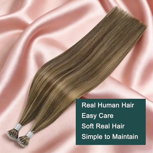 Image of Easyouth 22 Inch Nano Bead Human Hair extensions Highlight, 50G 50S, Medium Brown Highlight Caramel Blonde, Ombre Nano Tip Hair Extension Real Human Hair Lightweight, for Long Straight Hair