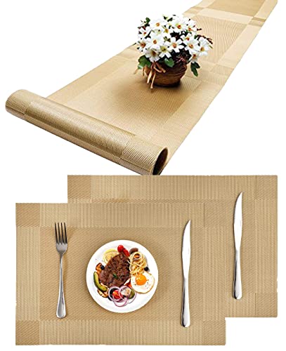 Image of Placemats with Table Runner Sets - Washable Kitchen Tablemat - Table Mats for Dining Table - Non-Slip Placemat - Table Runner (2-Piece Placemat, 1-Piece Runner, Gold)
