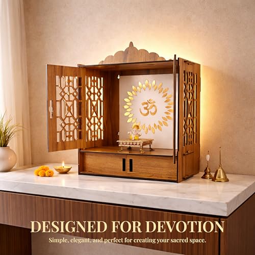 Image of Rousrie Backlit LED Temple Mandir for Home with Door, Wooden MDF, Storage Space, Wall Mounts, Big Size, 53.3x41.9x25.4 cm