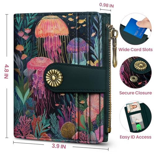 Image of Small Wallet for Women, RFID Blocking Bifold Card Holder Wallet with 10 Card Slots, Cash Compartment, Zipper Coin Pocket & ID Window, Cute Soft Vegan Leather Compact Wallet, Jellyfish