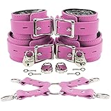 Alice Cuffs Combo Connector Wrist Cuffs Ankle Cuffs Faux Chinchilla Fur Latigo Leather (Pink)