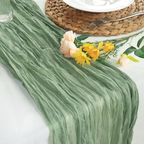 Sevenpers Sage Green Cheesecloth Table Runner, 90x300cm(35"x118"), Pleated, Boho Style