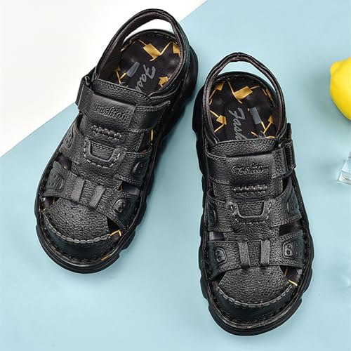 Men's Genuine Leather Round Closed Toe Fisherman Sandals Adjustable Hook Loop Casual Outdoor Hiking Sandals Comfort Non-Slip Beach Sport Athletic Walking Traveling Shoes4