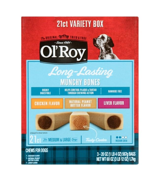 Ols-Roy Munchy Bones Dog Treats Value Pack Original Chicken Liver & Peanut Butter Long lastin Tail Waggin Bone Chews - (21 Count) - (1 Count) - (Original Chicken Liver & Peanut Butter).