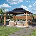 COOS BAY 13x11 Outdoor Wooden Gazebo with Galvanized Steel Double Roof, Cedar Frame Hardtop Canopy for Garden, Patio, Lawn and Deck
