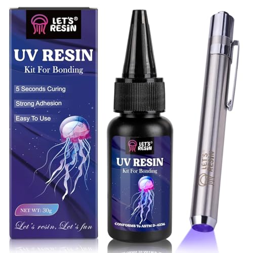 LET'S RESIN Colle avec Lampe UV, Collage & Durcissement en quelques secondes, 30g Resine UV pour Bijoux, le Soudage, la Réparation du Plastique, la Lumière...