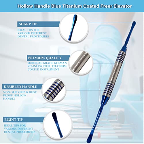 Periosteal Dental Elevator Freer Oral Implant Double Ended Instrument Sharp/Blunt Ends, O.r Grade Stainless Steel Hollow Handle Blue Titanium Coated Surgical Dental Ophthalmic Instruments #TOP1