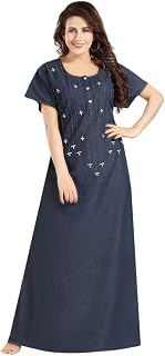 RIKASA Nighty for Women | Denim Nighty for Women | Maxi Dress for Women 100% Cotton Soft Denim | Embroidered Neckline | Si... Price In India