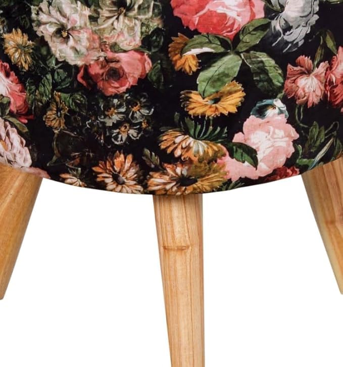 Image of Ottoman for Living Room, Velvet Round Foot Rest Stool, Wooden Legs Chair for Sitting, Ottoman for Bedroom & Makeup Room Decor | Chair (18 inchx18 inchx32 inch), Puffy (16 inchx16 inchx17 inch) | Black Rose