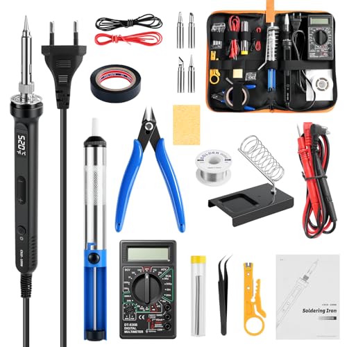100W LCD Soldador de Estaño Kit Juego de Soldador Eléctrico Temperatura Regulable 180-520℃, Kit de Soldadura con Multímetro Digital/4 Puntas/Soporte/Estaño/Bomba Desoldadora y Pinzas