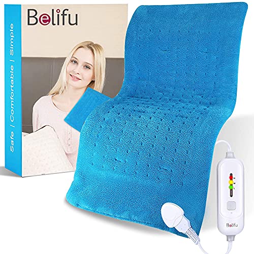 Belifu Large Electric Heating Pad for Back Pain Relief with Auto Shut Off, 12"x24" Weighted Portable Moist Heated Pads for Women Menstrual Period Cramps Adults Neck Shoulders Knee Foot Warmer, Blue