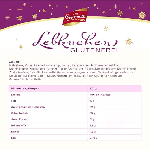 Coppenrath Glutenfreie Lebkuchen 165 g – Mit 25% Zartbitterschokolade überzogen – Weihnachtliche Gebäckspezialität für Zöliakie-Betroffene & glutenfreie Ernährung