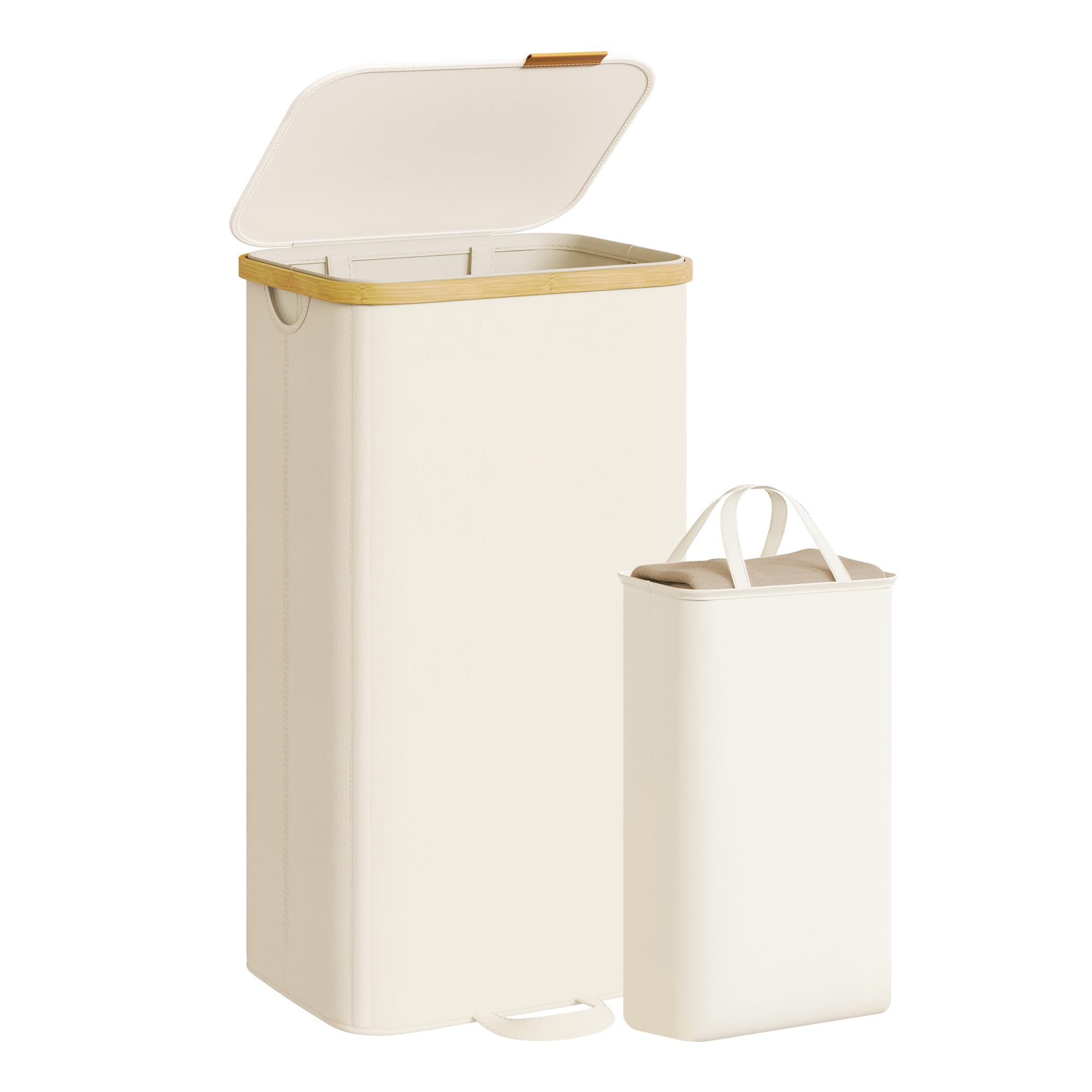 SONGMICS Wäschekorb mit Deckel, Wäschesammler, Wäschetruhe, Wäschetonne, Wäschesack herausnehmbar, Bambusrahmen, für Waschküche, Schlafzimmer, 100 Liter, cremeweiß LCB531WD01