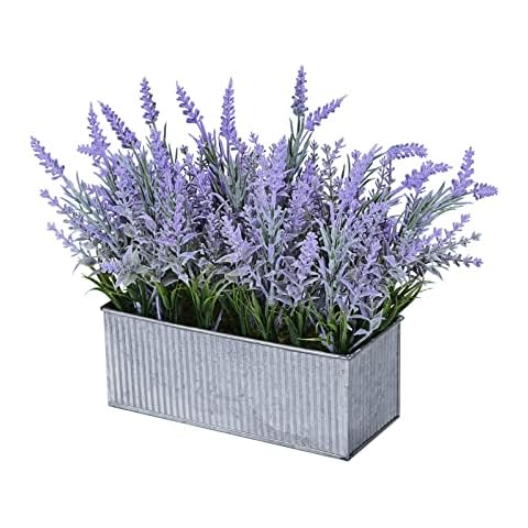Artificial Lavender Decor, Vlorart Fake Lavender Plant in Decorative Silver Metal Pots, Faux Lavender Plant Artificial Flowers for Farmhouse Home Decor Office Bathroom Desk Room Indoor Outdoor Cover