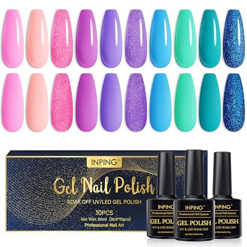 INPING Mermaid Gel Polish Set, 10 Colors Gel Nail Polish Kit, Pink Purple Blue Glitter Soak Off UV Nail Polish for Starter Beginner DIY Nail Art Manicure Salon, 8ml/0.27oz (Mermaid)