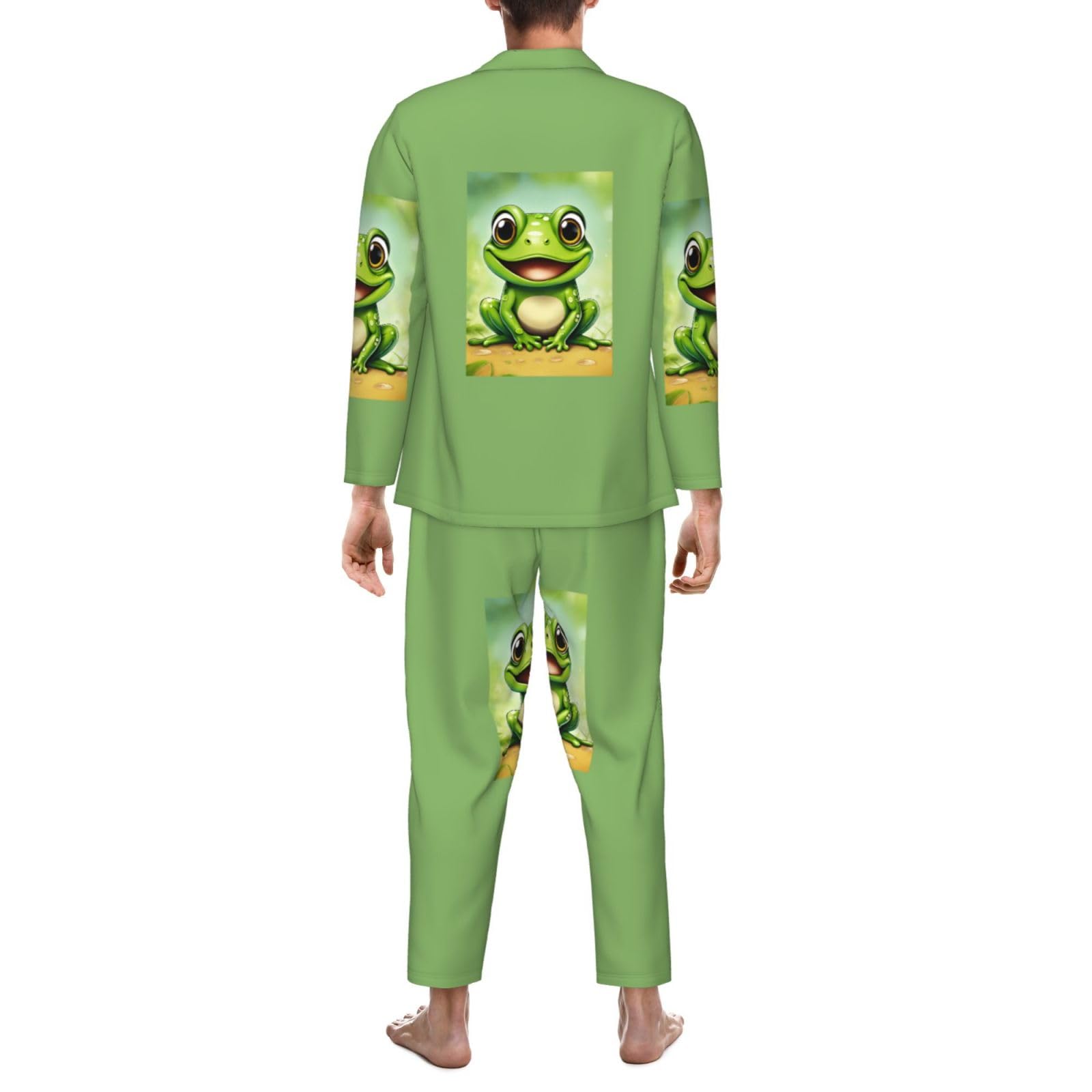 Herren-Pyjama-Set mit grünem Froschdruck, langärmelig, zweiteilig, Hauskleidung, bequeme Nachtwäsche