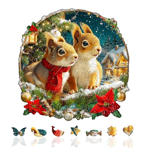 Wooden Puzzles for Adults, Christmas Puzzle-Christmas Squirrel Unique Shaped Wood