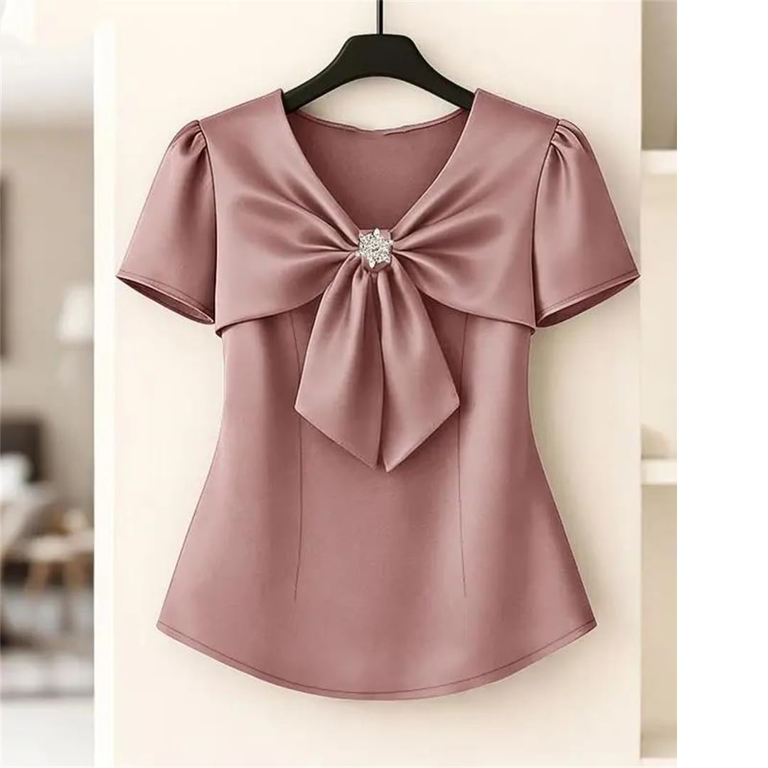 Yeuyyben Camicette eleganti da donna in raso con scollo a V manica corta annodato fiocco tinta unita top donna camicia da festa