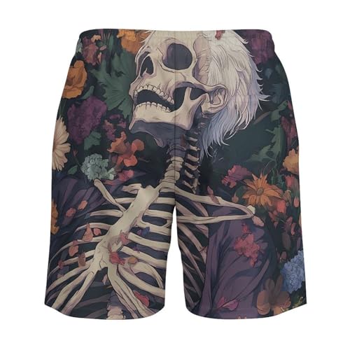 Skeleton Skull in Flowers Beach Shorts for Men Swim Trunks Quick Dry Swim Shorts with Compression Liner Pocket4