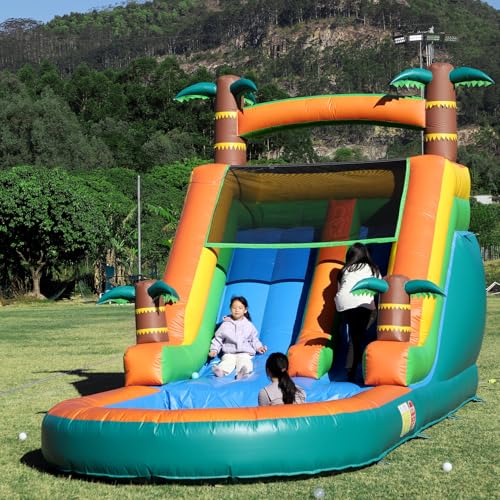 Image of 21FT Inflatable Water Slide for Kids & Adults - Palm Tree 21x9x12 FT Commercial PVC Single Lane Blow Up Giant Pool Slide with 950W Blower, Wet/Dry Heavy Duty Backyard Slide, Supports 500lbs