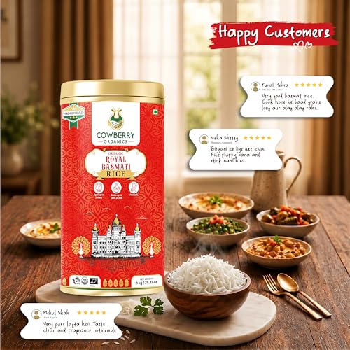 Image of COWBERRY Organic Royal Basmati Rice /Extra Long Grain 1 kg, Aged 2 Years Premium 18-20mm Cooked | NPOP India, NOP USDA, EU Organic Certified | Lab-Tested 252+ Chemicals & Glyphosate Free