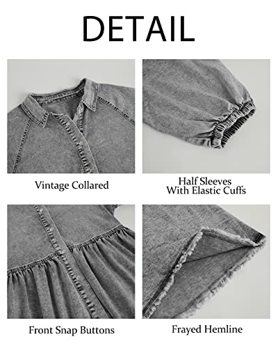 Pepochic Womens Summer Denim Dress Button Down Short Sleeve Babydoll Dress Puff Sleeve Flowy Jean Dress Grey #TOP4
