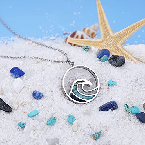 Lauren-Spencer Ocean Wave Pendant Necklace for Women, Ocean Beach Themed Jewelry Gifts for Women, Turquoise Sodalite Chips Stainless Steel Necklace, Blue Surf Necklace for Women4
