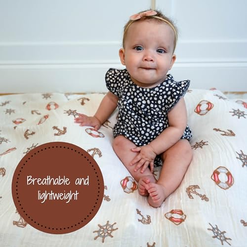 Image of LollyBanks Muslin Swaddle Blanket, 100% Muslin Cotton Gender Neutral Baby Blanket for Girls and Boys, 47 X 47 Inches Baby Receiving Blankets, Baby Essential, Registry (Boat Anchor Print)