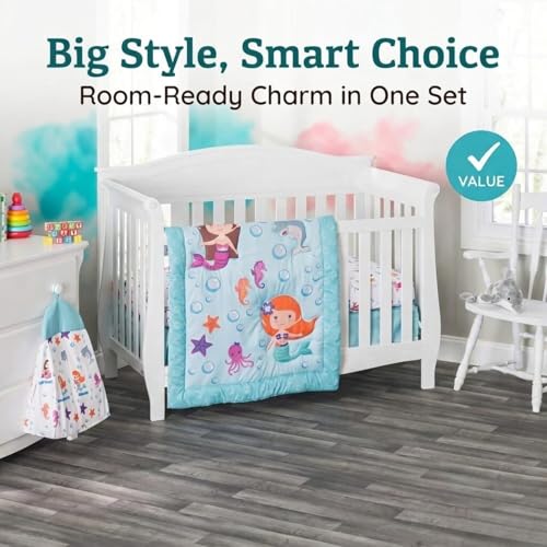 Image of EVERYDAY KIDS 3 Piece Girls Crib Bedding Set - Mermaid Adventures - Includes Quilt, Fitted Sheet and Dust Ruffle - Nursery Bedding Set - Baby Crib Bedding Set