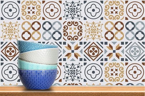 Image of Moroccan Tile Stickers | Waterproof Self Adhesive Peel & Stick Tile Decals for Kitchen Backsplash, Bathroom Wall, Floor, Furniture & Glass (8x8 Inch, Design 10, 36 Pic)