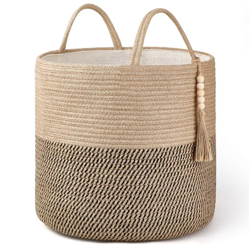 Mkono Cesta de almacenamiento tejida decorativa de cuerda con cuentas de madera para mantas, juguetes, ropa, zapatos, organizador de plantas con asas, decoración del hogar, sala de estar, amarillo y