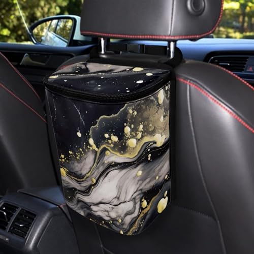 Image of Black Marble Car Trash Can with Lid,Leak-Proof Washable Auto Garbage Bag Interior Accessory Hanging Vehicle Trash Bin for Back Seat,Road Trip