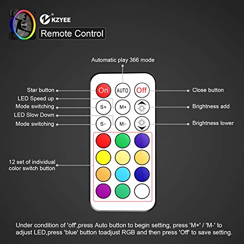 KZYEE 5-Pack Wireless 120mm RGB LED Fan, Dual Light Loop Quite Edition High Airflow Adjustable Color LED Case Fans with Remote Control for Gaming PC Cases - Thumbnail 6