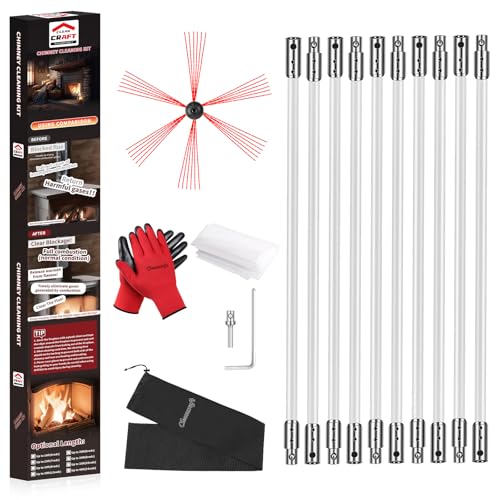 Cleancraft Chimney Sweep Kit - 33 Feet, Chimney Cleaning Tool with 10 Nylon Flexible Rods, Brush...