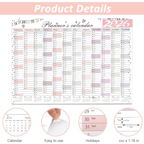 Image of 2026 Wall Calendar Sticker 29 x 20 Inch, Self Adhesive Planning Poster, 12 Month Daily Schedule Year Organizer For Home Office Study