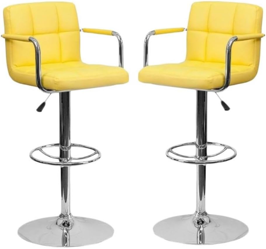 Home Square Quilted Adjustable Bar Stool with Arms in Yellow - Set of 2