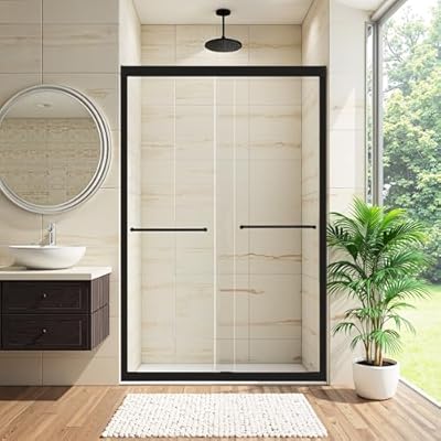 Osparple Shower Door 44-48" W x 72" H, Double Sliding Glass Door, Semi-Frameless Shower Doors with 1/4" (6mm) Thick SGCC Tempered Glass, Stainless Steel Handles, Matte Black
