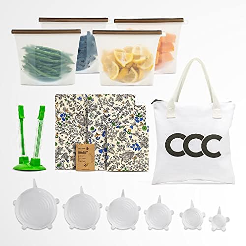 Reusable Silicone Food Storage Bags Set – (4) 35 Ounce Medium Food Preservation Bags, Beeswax Wrap, Silicone Stretch Lids, Bag Holder & Cotton Storage Bag (15 pack MEDIUM Bags BUNDLE)