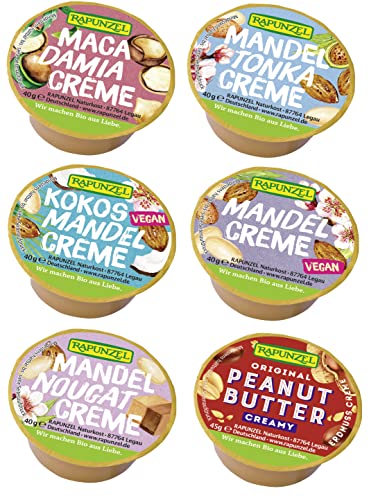 Rapunzel Naturkost Brotaufstriche – 6 Bio-Aufstriche Probier Set Probiermix mit veganen Sorte: Kokos-Mandel-Creme, Macadamia-Creme, Mandel-Nougat-Creme, Mandel-Tonka-Creme, Peanutbutter Creamy