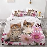 Yasida Cat Comforter Set Queen Size for Kids Pink Flowers Cats 3Pcs Bedding Set for Boys and Girls (