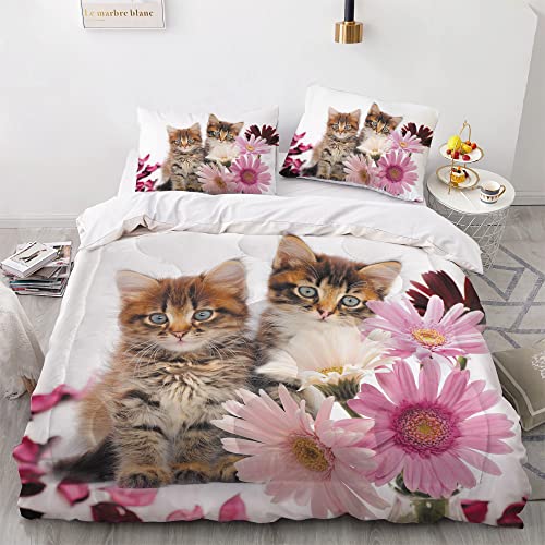 Yasida Cat Comforter Set Queen Size For Kids Pink Flowers Cats 3Pcs Bedding Set For Boys And Girls (1Comforter+ 2 Pillowcases) Lovely Animal Pets Duvet Set #TOP1