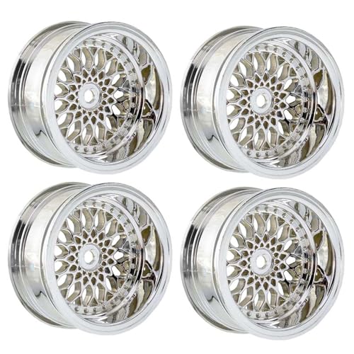 LAFEINA 4PCS RC Car Diameter 52mm Plating Plastic Wheels Rims Replacement for 1/10 RC On Road Touring Racing Drift Car (Offset 9mm, Silver)