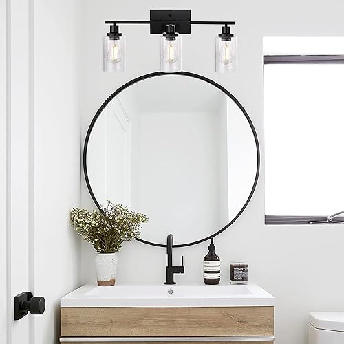Miniatura 2 de WINSHEN Lámparas de baño negras de 4 luces con pantalla de vidrio semillado, 31 pulgadas de longitud, luces de tocador de granja sobre espejo para