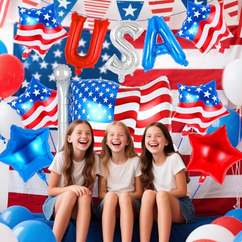 Image of 23 Pcs 4th of July Balloons, Independence Day Decorations Balloons, USA Aluminum Foil Balloon,18 Inch Red Blue Star Balloon for Labor Day Memorial Day Party Decoration Supplies (USA Letter and Star)